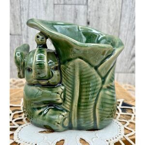 Vintage Lucky Elephant Hugging Plant Green Ceramic Vase